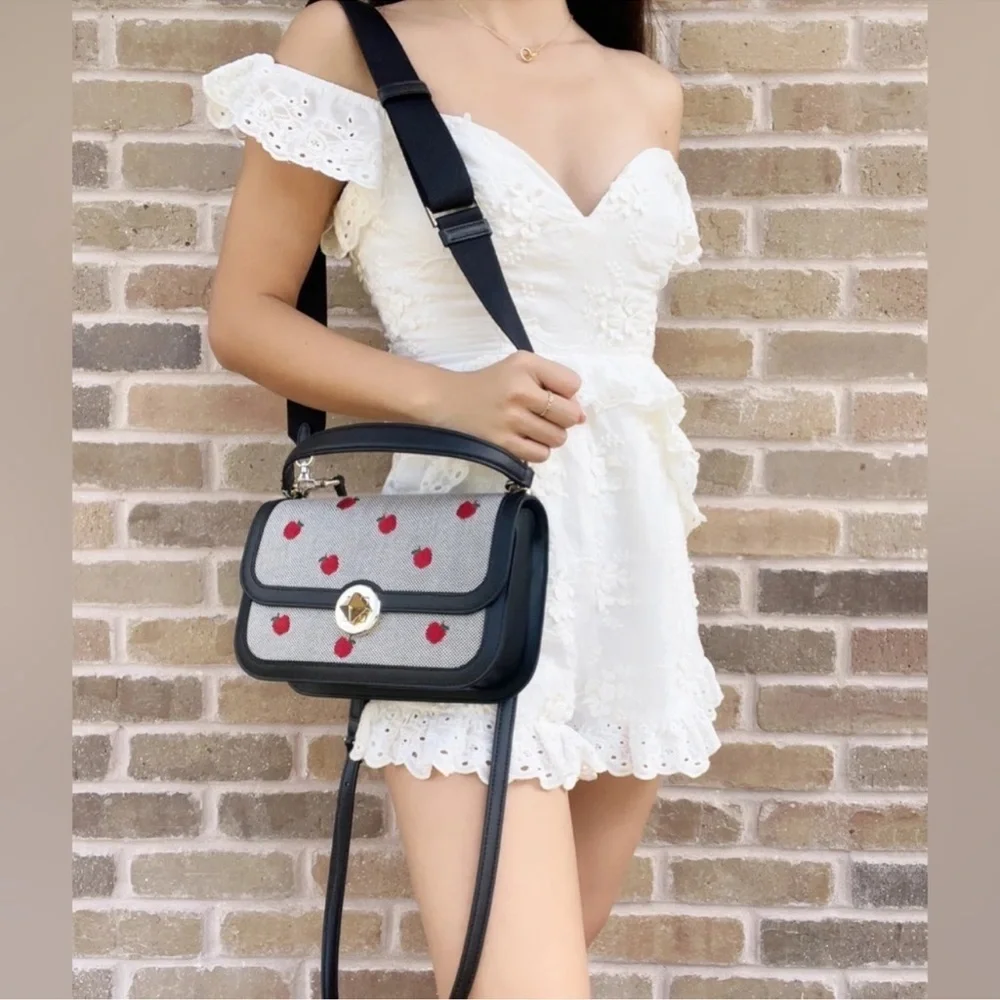 Kate Spade Audrey Embroidered Apples Canvas Flap Crossbody Bag NWT